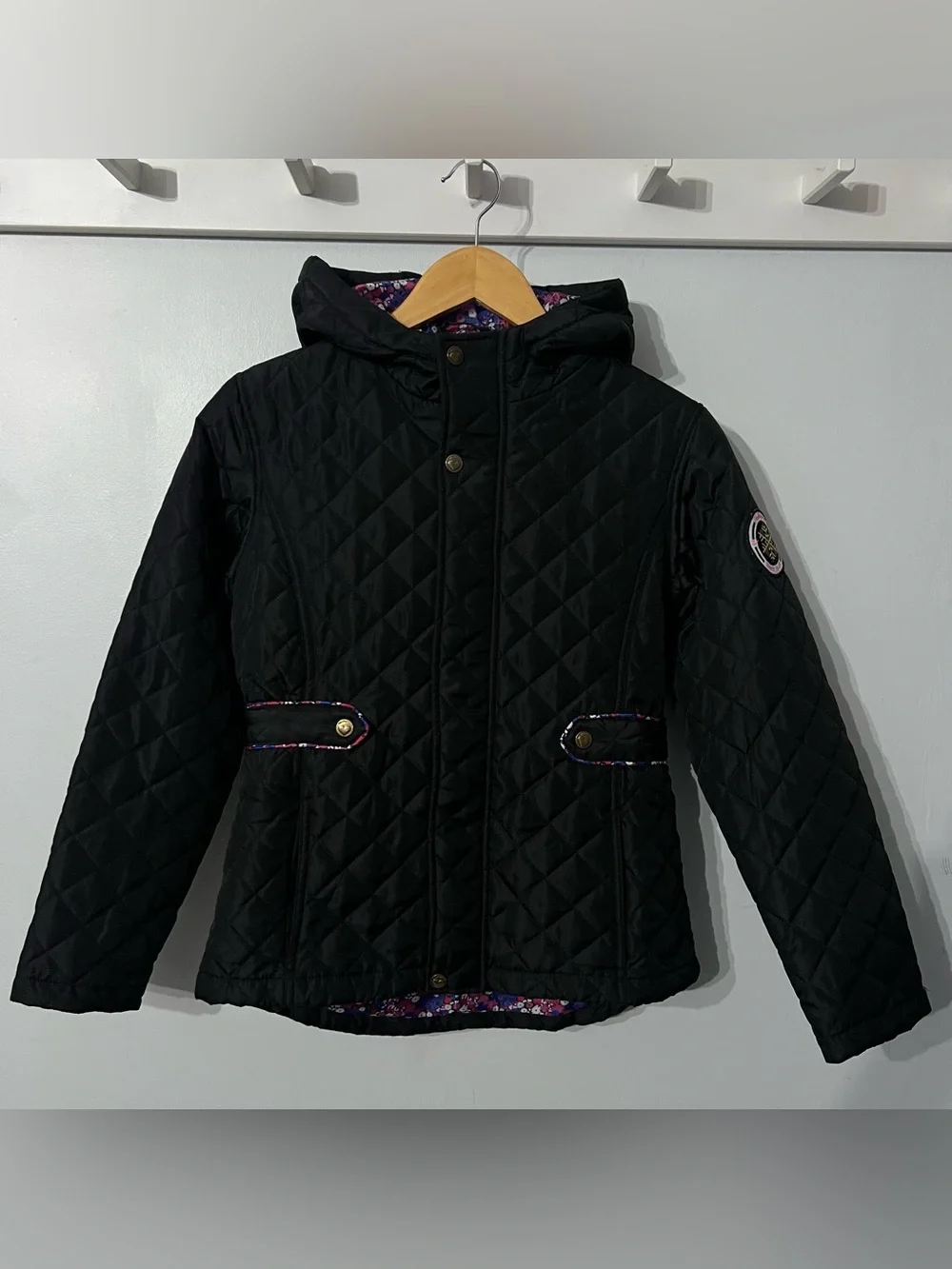 Weatherproof Girl’s L 14/16 Black Quilted Hooded Jacket Floral Lined Pockets